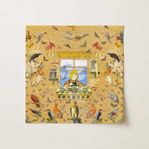 Robyn - Surreal Pop Art Bird Collage Print, Surreal Pop Art, Yellow Dreaming Bursts, Art Bird Collage