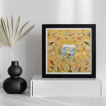 Robyn - Surreal Pop Art Bird Collage Print Framed Artwork Colorful Scene Birds Figure Window Surrounded Surreal Pop Art, Yellow Dreaming