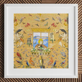 Robyn - Surreal Pop Art Bird Collage Print Framed Artwork Whimsical Illustration Child Blonde Hair Window, Yellow Dreaming Bursts, Prints