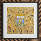Robyn - Surreal Pop Art Bird Collage Print Framed Artwork Whimsical Illustration Child Window Surrounded Birds Surreal Pop Art, Yellow