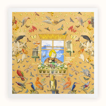 Robyn - Surreal Pop Art Bird Collage Print Window Figure Plants Flower Box Surrounded Colorful Birds Surreal Pop Art, Yellow Dreaming