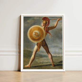 Framed Classical Painting Spartan Warrior Gold Armor Red Roman, Jacques-louis David’s, Fixes, Spear Arm Locked, Skyward, Churning Grey Sky,