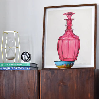 Rose Pink Carafe - Janet Riza 1930s Glassware Art Print / Canvas Framed Artwork Glass Decanter Bottle Riza’s, Decorative Prints