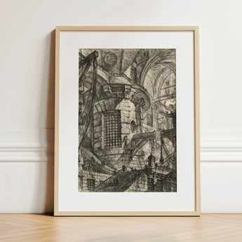 The Round Tower - Giovanni Battista Piranesi Fine Art Print / Canvas Detailed Black-and-white Architectural Sketch Light Wood Frame White,