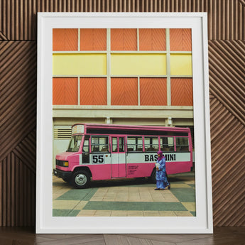 Route 55 - Colorful Kl Street Photography Art Print / Canvas Framed Photograph Vibrant Pink White Vintage Bus Labeled, Urban Malaysia Prints