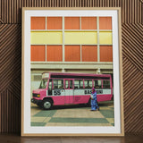 Route 55 - Colorful Kl Street Photography Art Print / Canvas Pink White Basmini Bus Artwork Light Wood Frame Vibrant Kl Street, Colorful