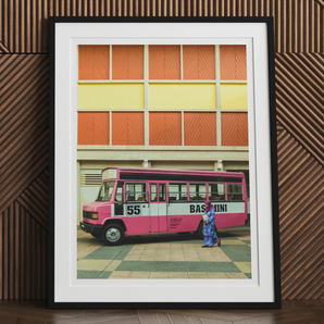 Route 55 - Colorful Kl Street Photography Art Print, Framed Photograph Pink White Bus Person Nearby