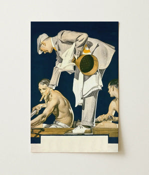 Vintage-style Poster Man White Attire Brass Instrument Deep Gray Pinstripes Bends, Low, Megaphone Tucked Gold, Cap Pulled Forward, Navy Sky
