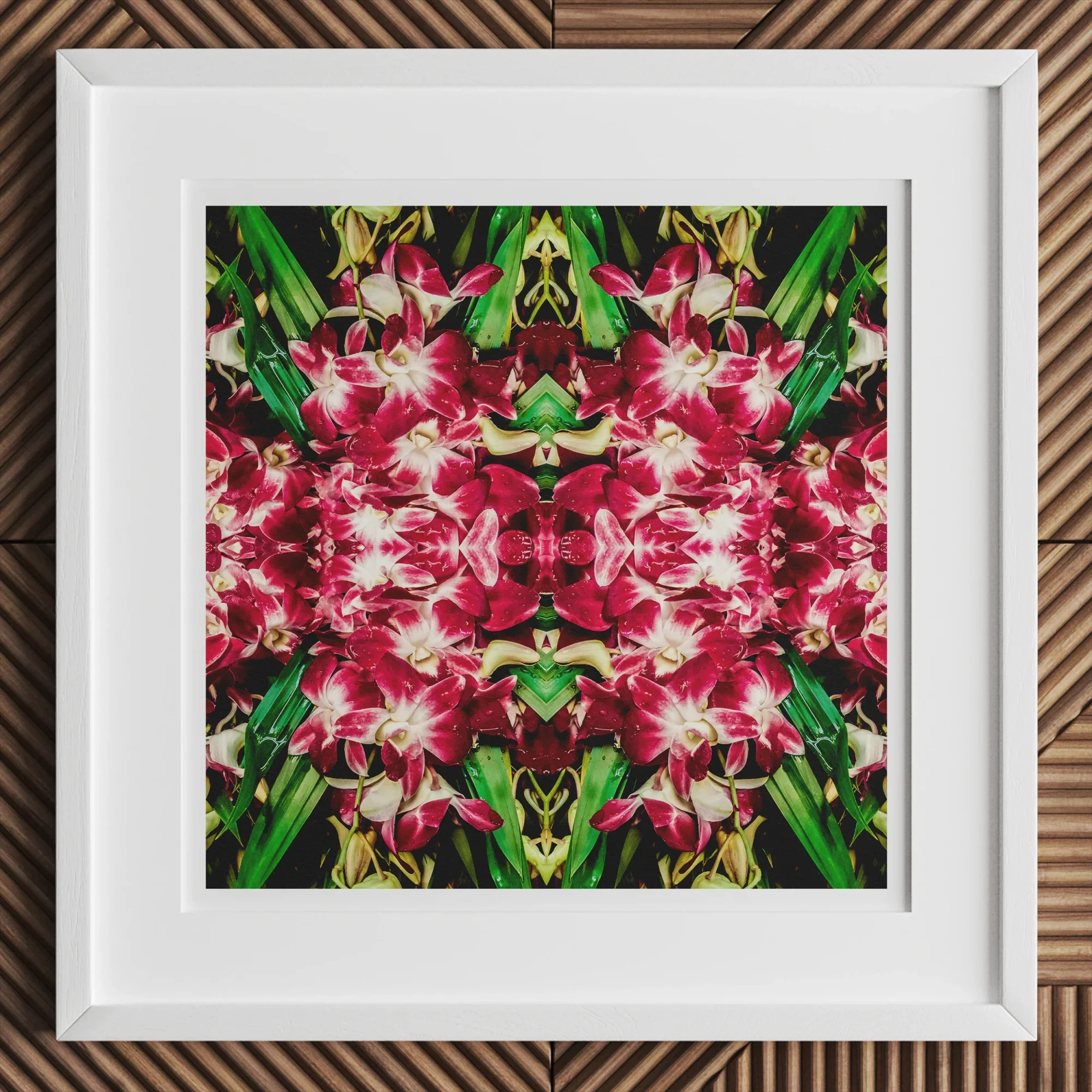 Ruby Reds Bkk Flower Market Orchid Op Art Print, Framed Kaleidoscopic Floral Artwork Vibrant Red Green Patterns