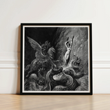 Ruggiero Rescuing Angelica - Gustave Dore Art Print / Canvas Black-framed White-matted Detailed Black-and-white Mythological Scene Winged,