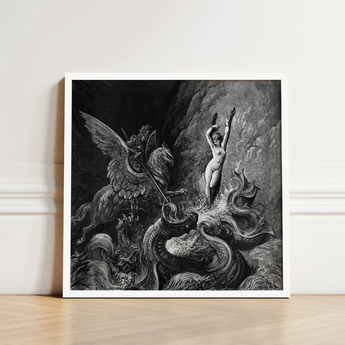 Ruggiero Rescuing Angelica - Gustave Dore Art Print / Canvas Black-and-white Framed Artwork Dramatic Scene Winged Creature Nude, Angelica’s