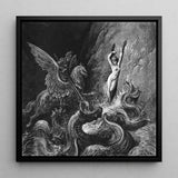 Ruggiero Rescuing Angelica - Gustave Dore Art Print / Canvas Black-framed Artwork Dramatic Monochromatic Nude Figure Triumphantly