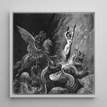 Ruggiero Rescuing Angelica - Gustave Dore Art Print / Canvas Black-and-white Framed Artwork Dramatic Scene Winged Creature Nude, Angelica’s