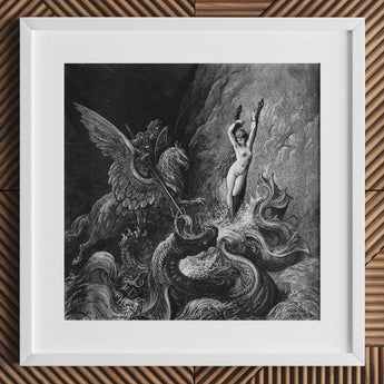 Ruggiero Rescuing Angelica - Gustave Dore Art Print / Canvas Black White Framed Mythological Scene, Angelica’s Chains Shimmer Prints
