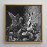 Ruggiero Rescuing Angelica - Gustave Dore Art Print / Canvas Framed Black-and-white Dramatic Mythological Scene Winged Creatures Figures,