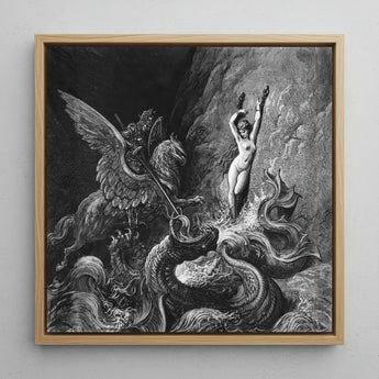 Ruggiero Rescuing Angelica - Gustave Dore Art Print / Canvas Framed Black-and-white Dramatic Mythological Scene Winged Creatures Figures,