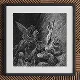 Ruggiero Rescuing Angelica - Gustave Dore Art Print / Canvas Framed Black White Engraved Illustration Mythological Scene, Angelica’s Chains
