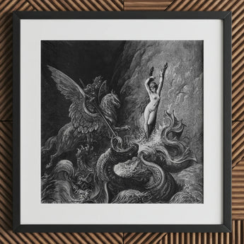 Ruggiero Rescuing Angelica - Gustave Dore Art Print / Canvas Framed Black White Engraved Illustration Mythological Scene, Angelica’s Chains