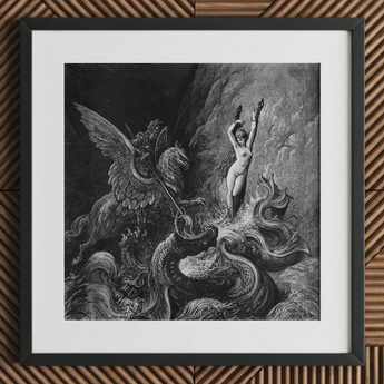 Ruggiero Rescuing Angelica - Gustave Dore Art Print / Canvas Framed Black White Engraved Illustration Mythological Scene, Angelica’s Chains