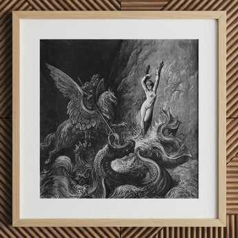 Ruggiero Rescuing Angelica - Gustave Dore Art Print / Canvas Framed Black White Mythological, Angelica’s Chains Shimmer Prints