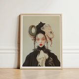 Framed Portrait Woman Dark Attire Ornate Surreal Headpieces Lesbian Dragon Queen, Ethereal Force Wrapped, Art