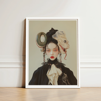 Framed Portrait Woman Dark Attire Ornate Surreal Headpieces Lesbian Dragon Queen, Ethereal Force Wrapped, Art