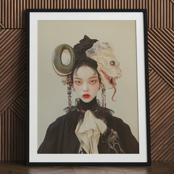 Ryoko - Lesbian Dragon Queen Art Print / Canvas Black Framed Portrait Woman Snake Headpiece Ruffled Collar, Ethereal Force Wrapped, Prints