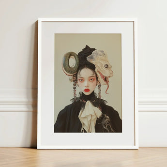 Ryoko - Lesbian Dragon Queen Art Print / Canvas White-framed Stylized Portrait Woman Dark Attire, Ethereal Force Wrapped, Prints