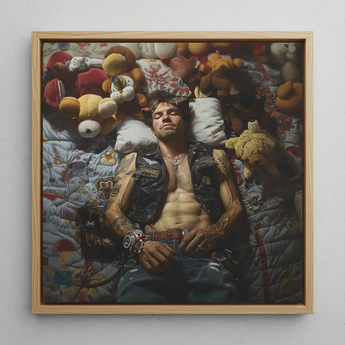 Sacked - Stampa artistica gay biker omoerotica lowbrow / Tela, 12x12’’ / 31x31cm / Cornice naturale, Poster, Stampe e Opere d'arte visiva, Toby Leon