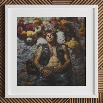 Sacked - Lowbrow Homoerotic Gay Biker Art Print / Canvas, 12x12’’ / 31x31cm / White Frame / Matboard, Posters Prints & Visual Artwork, Toby