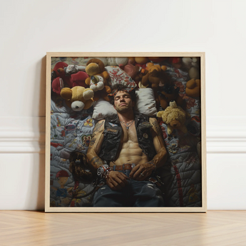 Framed Artwork Man Tattoos Among Stuffed Animals Encased Gay Biker Homoerotic, Art, Print
