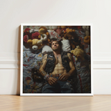 White-framed Art Print Man Black Leather Vest Surrounded Gay Biker Homoerotic