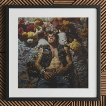 Sacked - Lowbrow Homoerotic Gay Biker Art Print / Canvas Black Framed Photograph Man Leather Vest Surrounded Stuffed Gay Biker Homoerotic,