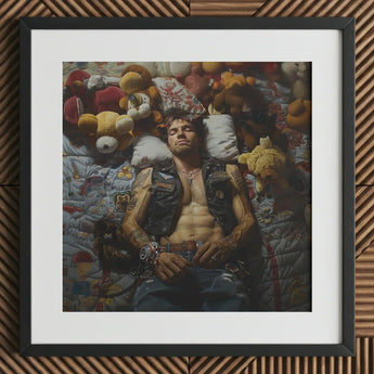 Sacked - Lowbrow Homoerotic Gay Biker Art Print / Canvas Black Framed Photograph Man Leather Vest Surrounded Stuffed, Prints