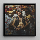 Sacked - Lowbrow Homoerotic Gay Biker Art Print / Canvas Black-framed Square Art Print Man Leather Vest Surrounded Gay Biker Homoerotic,