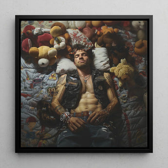 Sacked - Lowbrow Homoerotic Gay Biker Art Print / Canvas Black-framed Square Man Leather Vest Surrounded, Prints