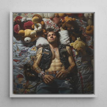 Sacked - Lowbrow Homoerotic Gay Biker Art Print / Canvas Framed Artwork Man Black Leather Vest Surrounded Stuffed Gay Biker Homoerotic,