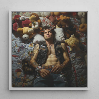 Sacked - Lowbrow Homoerotic Gay Biker Art Print / Canvas Framed Artwork Man Black Leather Vest Surrounded Stuffed, Prints