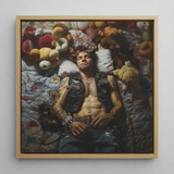 Sacked - Lowbrow Homoerotic Gay Biker Art Print / Canvas Framed Painting Man Tattoos Among Stuffed Animals Rendered Gay Biker Homoerotic,
