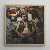 Sacked - Lowbrow Homoerotic Gay Biker Art Print / Canvas Framed Painting Man Tattoos Among Stuffed Animals Rendered, Prints