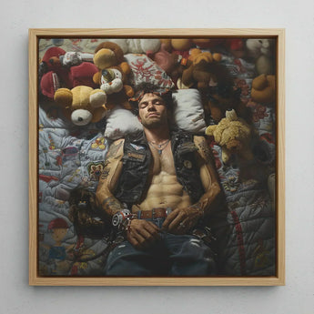 Sacked - Lowbrow Homoerotic Gay Biker Art Print / Canvas Framed Painting Man Tattoos Among Stuffed Animals Rendered, Prints
