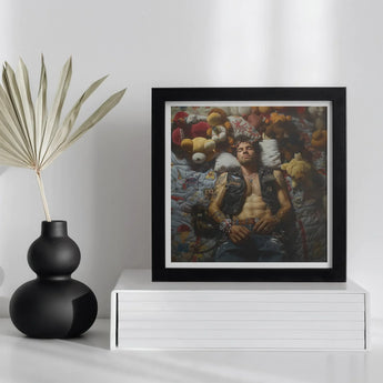 Sacked - Lowbrow Homoerotic Gay Biker Art Print / Canvas Framed Photograph Shirtless Person Surrounded Stuffed Animals Toys Gay Biker