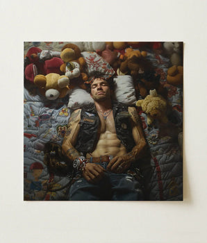 Square-framed Painting Man Black Leather Vest Surrounded Stuffed Gay Biker Homoerotic, Art, Print