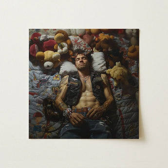 Sacked - Lowbrow Homoerotic Gay Biker Art Print / Canvas Square-framed Painting Man Black Leather Vest Surrounded Stuffed Gay Biker