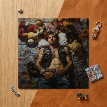 Sacked - Lowbrow Homoerotic Gay Biker Art Print / Canvas Square Photograph Man Tattoos Among Stuffed Animals Black Gay Biker Homoerotic,
