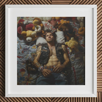 Sacked - Lowbrow Homoerotic Gay Biker Art Print / Canvas White-framed Photograph Man Black Leather Vest Surrounded Stuffed, Prints