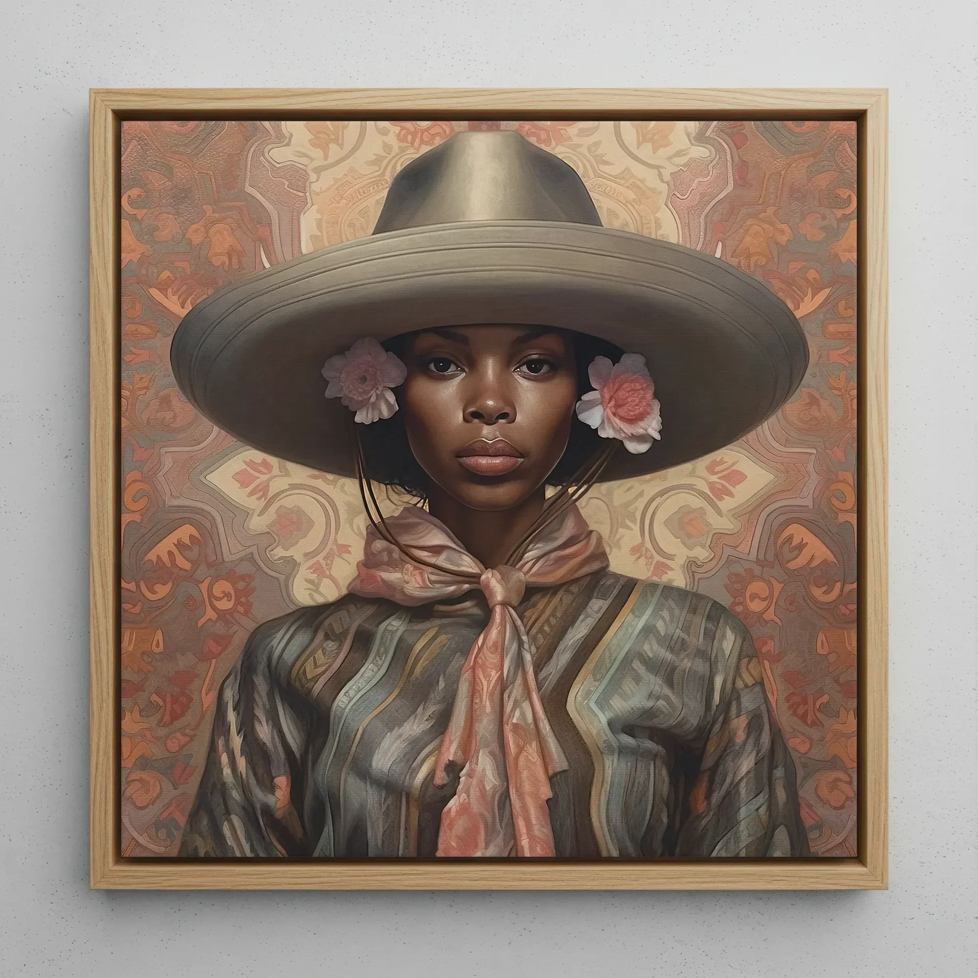Sadie - Black Lesbian Cowgirl Art Framed Canvas, 12x12’’ / 31x31cm / Natural Floating Frame, Framed Painting Woman Wide-brimmed Hat