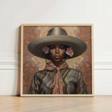 Framed Portrait Woman Olive-green Wide-brimmed Hat Adorned Pink Elegant Outlaw Reminding, Cowgirl Spirit’s Queer, Lesbian Black