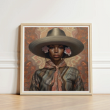 Framed Portrait Woman Olive-green Wide-brimmed Hat Adorned Pink Elegant Outlaw Reminding, Cowgirl Spirit’s Queer, Lesbian Black