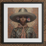 Sadie - Lesbian Black Cowgirl Art Print / Canvas Brown Gray Striped Shirt Hat Floral Accents Elegant Outlaw Reminding, Cowgirl Spirit’s